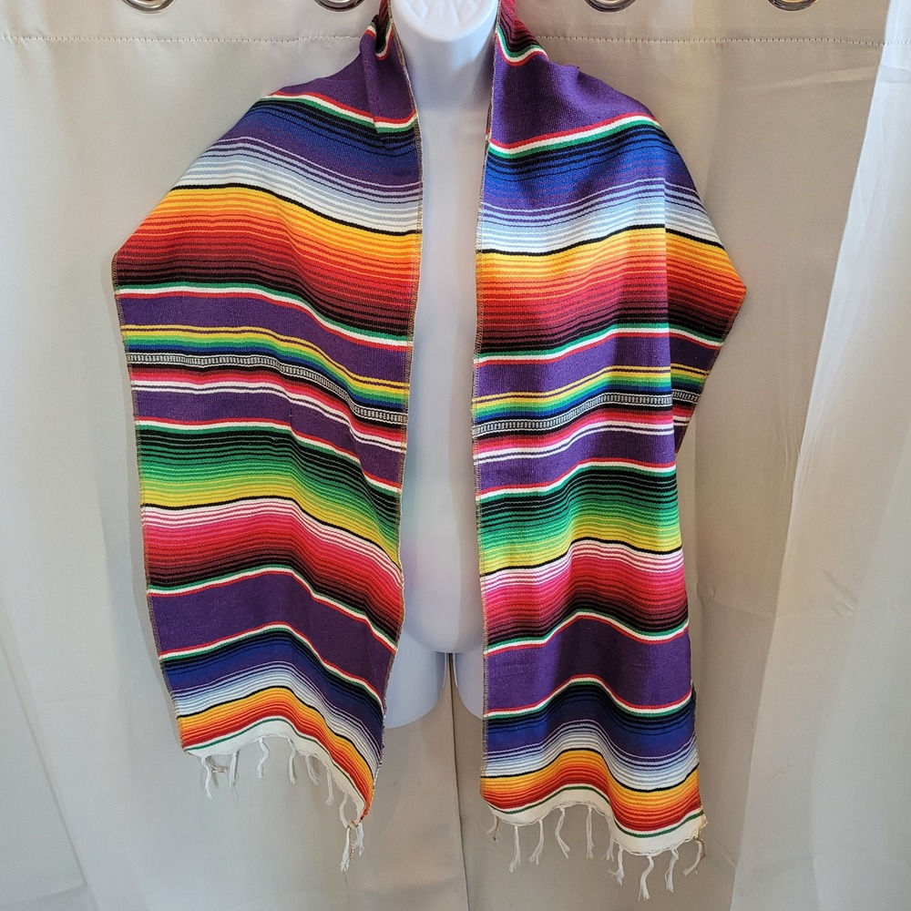 Baja Serape Scarf OS Rainbow Striped Fringed Boho Southwestern Ethnic Folk 21692
